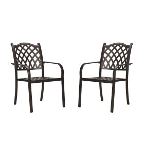 Set of 2 Stackable Outdoor Patio Dining Chairs, Rust-Free Cast Aluminum Frame with Arms, Lattice Weave Design Metal Furniture for Lawn Garden Backyard