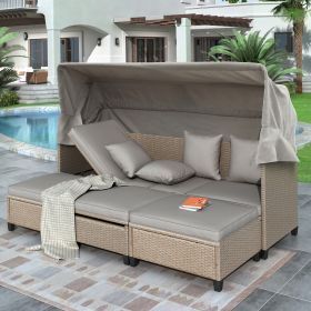4 Piece UV-Proof Resin Wicker Patio Sofa Set with Retractable Canopy; Cushions and Lifting Table; Brown