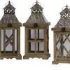 4 Piece Pierced Metal Top Wooden Lantern with Rings; Brown and Silver; DunaWest